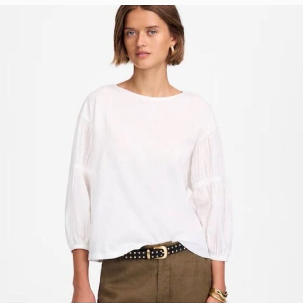 Madewell White Blouse with Textured Sleeves